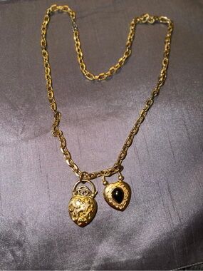Gold-Tone Heart Locket Necklace with Black Stone Charm